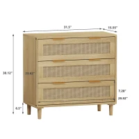 31.5" Rattan Storage Cabinet with 3 Drawers, Modern Oak Design, High-Quality MDF, Multi-Purpose for Bedroom, Living Room, Hallways, Oak(m-3)