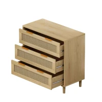 3-Drawer Rattan Storage Cabinet Set of 2, MDF and Solid Wood Legs, Iron Handles, 63" L x 15.55" W x 30.12" H, 52.47 lbs Each, Oak(m-8)