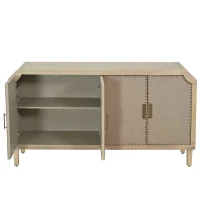 Retro Industrial Style 4-Door Cabinet with Rivet Decor, Linen Doors, Adjustable Shelves, Easy Assembly, 59.84"L x 15.75"W x 32.68"H, Natural(m-6)