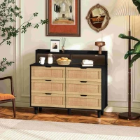 43.31" 6-Drawer Rattan Storage Cabinet with LED Lights and Power Outlet, Anti-Tip Design, Easy Assembly, 43.31"L x 15.75"W x 37.22"H, Black(m-4)