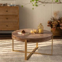33.86" Modern Retro Splicing Round Coffee Table, Fir Wood Table Top with Gold Cross Legs Base, Easy Assembly and Maintenance, Gold(m-1)