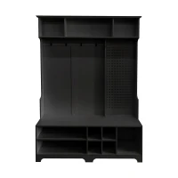 Hall Tree with Shoe Bench, Coat Rack, Storage Shelves, Pegboard, and Shoe Storage, 57.48"L x 14.96"W x 77.17"H, Black(m-2)