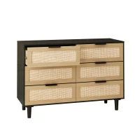 6-Drawer Rattan Dresser, Modern Natural Rattan Design, High-Quality Chipboard, Ample Storage Space, 43.31" x 15.75" x 29.45", Black(m-2)