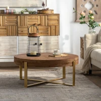 31.29" Modern Retro Splicing Round Coffee Table, Fir Wood Table Top with Gold Cross Legs, Easy Assembly and Maintenance, Gold(m-4)