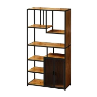 Multipurpose Bookshelf Storage Rack with Enclosed Cabinet, 7 Shelves, Fir Wood and Iron Frame, 34.45"L x 15.75"W x 68.90"H, Black+Brown(m-9)