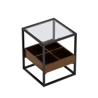 17.72" Modern Glass Coffee Table Set of 2, Nightstand with Storage Shelf and Metal Legs for Bedroom, Living Room, 17.72" L x 17.72" W x 21.65" H, Black(m-9)