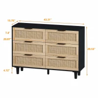 43.31" 6-Drawer Rattan Storage Cabinet, Modern Design with Natural Rattan Drawers, High-Quality Chipboard, Ample Storage for Bedroom and Living Room, Black(m-3)