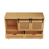 47.24" Sliding Barn Door Storage Cabinet, TV Stand with 2 Drawers, MDF and Rattan Mesh, 47.24"L x 15.75"W x 31.5"H, Wood(m-6)