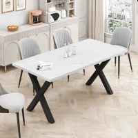 70.87" Modern Square Dining Table with Printed White Marble Table Top, Black X-Shape Legs, and 220 lbs Weight Capacity, White(m-6)
