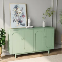 4-Door Intaglio Storage Cabinet with Pine Legs, Solid Wood Pulls, Adjustable Shelves, and MDF, 59.06"L x 15.75"W x 32.43"H, Mint Green(m-1)