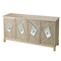 Modern 4-Door Cabinet with Mirrored Decorative Doors, Ample Storage, Solid Wood Legs, Easy Assembly, 59.84"L x 15.75"W x 31.89"H, Wood(m-10)