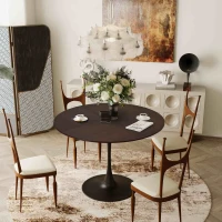 42.13" Modern Round Dining Table with Solid Wood Veneer Top, Metal Base, and Easy Assembly, Brown Oak(m-1)
