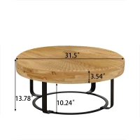 Modern Round Coffee Table with Carved Pine Top and Metal Legs, Easy Assembly, 31.5" Diameter for Living Room, Office, Reception Room, Natural+Black(m-3)