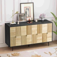 Elegant Vintage 4-Door Cabinet with Carved Pine Panels, Light Reflection Effect, Versatile Storage, and Easy Assembly, 59.84"L x 15.75"W x 32.28"H, Black(m-1)