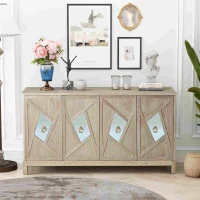 Modern 4-Door Cabinet with Mirrored Decorative Doors, Ample Storage, Solid Wood Legs, Easy Assembly, 59.84"L x 15.75"W x 31.89"H, Wood(m-6)