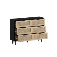 43.31" 6-Drawer Rattan Storage Cabinet, Modern Design with Natural Rattan Drawers, High-Quality Chipboard, Ample Storage for Bedroom and Living Room, Black(m-9)