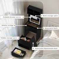 Dressing Table with Flip Top LED Mirror, Vanity Table with Storage, Removable Upholstered Stool, 3 Lighting Modes, 23.62" x 15.75" x 62.99", Black(m-4)
