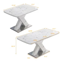 Modern Square Dining Table, Stretchable Printed White Marble Table Top, MDF X-Shape Table Leg with Metal Base, 62.99"L x 31.5"W x 30.12"H, White(m-3)
