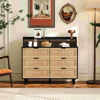 43.31" 6-Drawer Rattan Storage Cabinet with LED Lights and Power Outlet, Anti-Tip Design, Easy Assembly, 43.31"L x 15.75"W x 37.22"H, Black(m-1)