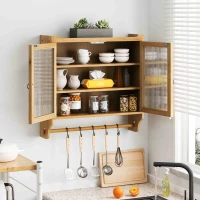 Vintage Double Door Wall Cabinet with Glass Doors, Three Tiers of Storage, and Towel Rack for Bathroom, Kitchen, Dining Room, 24.8", Natural(m-1)