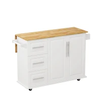 Kitchen Island Cart with 2 Door Cabinet, Three Drawers, Spice Rack, Towel Rack, and Locking Wheels, 43.31" Width, White(m-9)