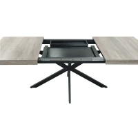 Retro Rectangular Stretch Dining Table with Storage Box, Gray Carole Top, Black Embossed Center Plate, Iron Cross Foot Base, 55.11"-70.86", Gray(m-6)