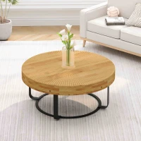 Modern Round Coffee Table with Carved Pine Top and Metal Legs, Easy Assembly, 31.5" Diameter for Living Room, Office, Reception Room, Natural+Black(m-4)