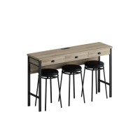 3-Drawer Long Dining Table Set with Power Outlets, Circular PU Stools, Easy Assemble, 60.24"L x 15.75"W x 35.43"H, Black(m-12)
