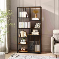 Multipurpose Bookshelf Storage Rack with Enclosed Cabinet, 7 Shelves, Fir Wood and Iron Frame, 34.45"L x 15.75"W x 68.90"H, Black+Brown(m-1)