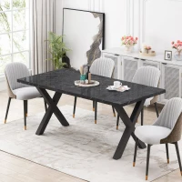70.87" Modern Square Dining Table with Printed Black Marble Table Top and X-Shape Metal Legs, Easy Assembly, 220 lbs Weight Capacity, Black(m-1)