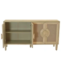Elegant Vintage 4-Door Cabinet with Linen Decorated Doors, Adjustable Shelves, and Half-Moon Handles, 59.84"L x 15.75"W x 32.68"H, Easy Assembly, Natural(m-6)