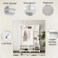 Hall Tree with Shoe Bench, Coat Rack, Storage Shelves, and Pegboard, 57.48"L x 14.96"W x 77.17"H, White(m-4)