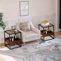 17.72" Modern Glass Coffee Table Set of 2, Nightstand with Storage Shelf and Metal Legs for Bedroom, Living Room, 17.72" L x 17.72" W x 21.65" H, Black(m-1)