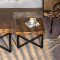 31.3" Modern Retro Splicing Square Coffee Table Set of 2, Fir Wood Table Top with Cross Legs Metal Base, Easy Assembly and Maintenance, Natural(m-8)