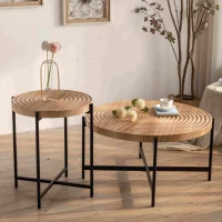 Modern Thread Design Round Coffee Table Set of 2, MDF Table Top with Cross Legs Metal Base, 20.47" and 33.07", Natural(m-1)