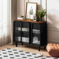 40.94" Glass Doors Modern Three-Door Cabinet with Two-Tier Storage and Fir Wood Top for Entryway, Living Room, Home Office, Dining Room, Black+Brown(m-4)