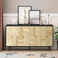 Elegant Vintage 4-Door Cabinet with Carved Pine Panels, Light Reflection Effect, Versatile Storage, and Easy Assembly, 59.84"L x 15.75"W x 32.28"H, Black(m-6)
