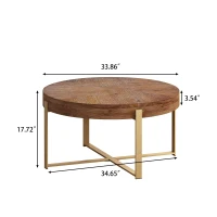 33.86" Modern Retro Splicing Round Coffee Table, Fir Wood Table Top with Gold Cross Legs Base, Easy Assembly and Maintenance, Gold(m-3)