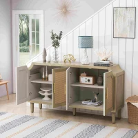 Modern 4-Door Cabinet with Rattan Decorative Doors, Adjustable Shelves, and Ample Storage, 59.84"L x 15.75"W x 32.68"H, Easy Assembly, Natural(m-5)