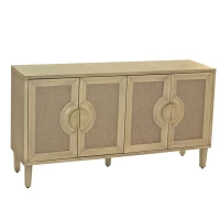 Elegant Vintage 4-Door Cabinet with Linen Decorated Doors, Adjustable Shelves, and Half-Moon Handles, 59.84"L x 15.75"W x 32.68"H, Easy Assembly, Natural(m-10)