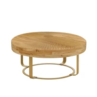 Modern Round Coffee Table, Wooden Carving Pattern with Metal Legs, Pine and MDF, 31.5"x31.5"x13.78", Natural+Gold(m-2)