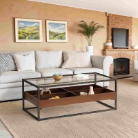 47.24" Rectangle Glass Coffee Table with Storage Shelf and Metal Legs, Tempered Glass Surface, Easy Assembly, 47.24" x 23.62" x 17.72", Black(m-5)