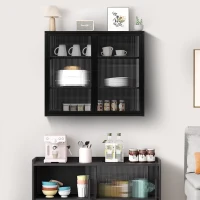 27.56" Modern Two-Door Wall Cabinet with Three-Tier Storage, Fluted Tempered Glass Doors, and Adjustable Shelves for Entryway, Living Room, Bathroom, Dining Room, Black(m-5)