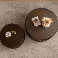 Vintage Cylindrical Nesting Coffee Table Set with Vertical Textured Embossed Design, No Assembly Required, Dark Brown(m-5)