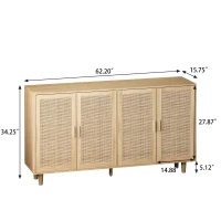 Elegant 4-Door Rattan Storage Cabinet, Adjustable Shelves, Easy Assembly, 62.20"L x 15.75"W x 34.25"H, Natural(m-3)