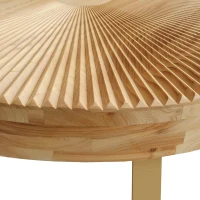 Modern Round Coffee Table, Wooden Carving Pattern with Metal Legs, Pine and MDF, 31.5"x31.5"x13.78", Natural+Gold(m-7)