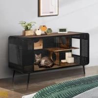 Spacious Cat House with Tempered Glass, Modern Style, Sturdy Fir Wood and Iron Frame, 55.12"L x 22.83"W x 29.92"H, Black+Brown(m-6)