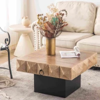 32.28" Square Retro Coffee Table with 2 Drawers, Three-Dimensional Embossed Pattern, MDF Base, 32.28" x 32.28" x 18.3", Natural(m-4)