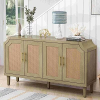 Modern 4-Door Cabinet with Rattan Decorative Doors, Adjustable Shelves, and Ample Storage, 59.84"L x 15.75"W x 32.68"H, Easy Assembly, Natural(m-1)
