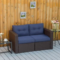 Outsunny 2 Pieces Patio Furniture Set Outdoor Loveseat Wicker Corner Sofa Set Outdoor Freely Combination PE Rattan Furniture, W/ Curved Armrests & Padded Cushion for Balcony, Garden, Lawn, Dark Blue(m-1)
